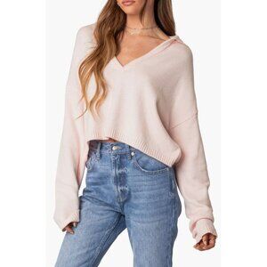 Edikted Marcie  Johnny Collar Light Pink Oversize Crop Sweater